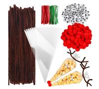 Whaline Juego de 500 bolsas de cono de Navidad, bolsas de celofán transparentes, tallos de chenilla marrón, bolas de pompón rojas y decoraciones de ojos ondulados, juego de limpiadores de tuberías de