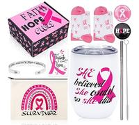 Whaline Juego de 8 regalos de concienciación sobre el cáncer de mama para mujeres, cinta rosa motivacional para sobrevivientes del cáncer, juego de regalos de vaso de vino, pulsera, bolsa de