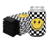 Whaline One Happy Dude - Juego de 8 fundas para latas de cerveza de 12 onzas con cara sonriente a cuadros, color amarillo y negro, termoenfriador aislado de neopreno para botella de bebida, decoración