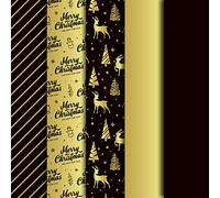 Whaline Papel de seda de Navidad, papel de envoltura de oro negro, reno a rayas, papel de seda, papel de arte, manualidades para el hogar, bricolaje, decoración de Año Nuevo, 90 hojas