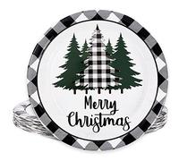 Whaline Platos de papel de Navidad, Platos desechables redondos de árbol de Navidad a cuadros de búfalo de 9 pulgadas Vajilla decorativa de Feliz Navidad para Navidad, vacaciones, cena, suministros de fiesta de cumpleaños, 24 piezas