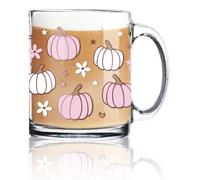 Whaline Tazas de café de vidrio de otoño con asa, color rosa y blanco, calabaza, estrella, flor, tazas de café para otoño, Acción de Gracias, vasos para café helado, refrescos, cócteles, 12 onzas