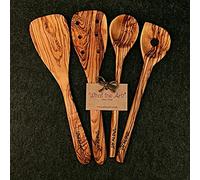 What the Art!® Olive Wood «The Chef» M | Set 4 utensilios de cocina + regalo | 30 cm | Espátula + Espátula con agujeros + Cuchara de cocina + Cuchara de risotto