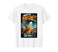 What The Meow Funny Shocked Cat UFO Alien Flying Saucer Camiseta gráfica económica, Hombre, Blanco, M