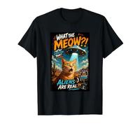 What The Meow Funny Shocked Cat UFO Alien Flying Saucer Camiseta gráfica económica, Hombre, Negro, S