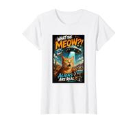 What The Meow Funny Shocked Cat UFO Alien Flying Saucer Camiseta gráfica económica, Mujer, Blanco, L