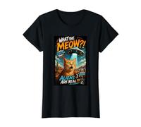 What The Meow Funny Shocked Cat UFO Alien Flying Saucer Camiseta gráfica económica, Mujer, Negro, XL