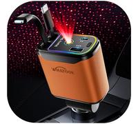 WHATOOK Cargador de Coche retráctil 4 en 1 con LED Cielo Estrellado, 66 W, Cargador rápido de Coche, Encendedor de Cigarrillos USB-C/USB-A, 2 Cables de Carga para iPhone, Galaxy, Google Pixel