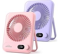 WHATOOK Juego de 2 Mini Ventilador de Escritorio USB: 100 Velocidades y Batería de 5000 mAh, Carga Rápida USB-C, 24H de Duración, Silencioso Portátil Ventilador con Pantalla LED para Oficina Viajes