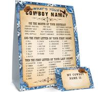 What's your Cowboy Name, 1 letrero de juego y 30 calcomanías de nombre, letrero de fiesta de cumpleaños de vaquero para niños, actividad de vacaciones, tarjetas de actividad de vaquero para niños,