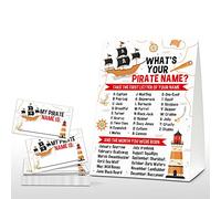 What's Your Pirate Name Game - Juego de fiesta de cumpleaños pirata vintage para niños - Actividad familiar en el aula escolar - 1 letrero de pie y 30 pegatinas - Decoración de suministros de fiesta pirata para niños (11)