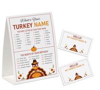 What's Your Turkey Name Game, decoraciones de fiesta de Acción de Gracias, 50 calcomanías de nombre y 1 letrero, juego de cumpleaños para fiestas de adultos (gejmz01)
