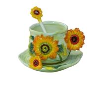 Whbbbj Taza de cerámica con cielo estrellado con platillo y cuchara, taza de café con flor de albaricoque y girasol pintada a mano en 3D, tazas personales for la cocina del hogar(C)