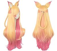 WHBHD Ahri Gumiho Star Guardian Golden Pink Color Mixed Ombre Onda Ondulada Largo Resistente al Calor Cosplay Pelucas de Traje + Peluca Cap