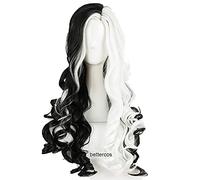 WHBHD Cruella Deville de vil Cosplay Pelucas 75 cm Largo Rizado Medio Blanco Medio Negro Resistente al Calor sintético Peluca sintética + Peluca Tapa