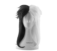 WHBHD Deville Cruella de Vil Pelucas de Cosplay Medio Blanco Medio Calor Negro Resistente al Caliente Peluca Sintética + Peluca Cap