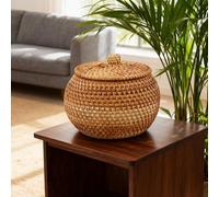 WheatThrive Cesta de almacenamiento de ratán con tapa, caja organizadora tejida para aperitivos, joyas, piezas de ajedrez, decoración portátil resistente del hogar, marrón, 15 x 15 x 12 cm