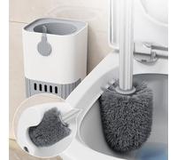 WheatThrive Juego de escobilla de inodoro y soporte, limpiador de inodoro montado en la pared, almacenamiento de baño sin taladro, limpieza profunda de 360°, mango de acero inoxidable, gris y blanco
