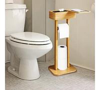Whemyreat Soporte para rollo de papel higiénico 4 en 1 con caja de almacenamiento, soporte para rollo de papel higiénico de bambú independiente, rollo de papel higiénico, organizador dispensador de