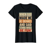 When God Made Me He Grinned Christian Humor Camiseta gráfica económica, Mujer, Negro, XL