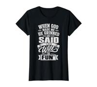 When God Made Me He Grinned Fun Christian Quote Camiseta gráfica económica, Mujer, Negro, XL