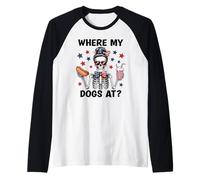 Where My Dogs At Hotdog Patriotic Hot Dogs American USA Flag Camiseta Manga Raglan