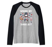 Where My Dogs At Wiener Patriotic Hotdog American USA Flag Camiseta Manga Raglan