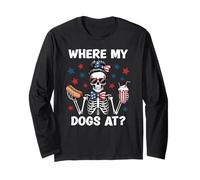 Where My Dogs At Wiener Patriotic Hotdog American USA Flag Manga Larga