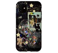 Whimsical Disco Cat Y2K Starry Maroon Collage Estética Carcasa para iPhone 11