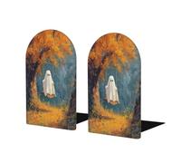 Whimsical Ghost Swinging Fall Forest Sujetalibros para estantes, 2 unidades, organizador de madera para bibliotecas de oficina en casa