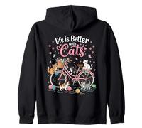 Whimsical Kittens on Bike - Ovillo de Lana, diseño de Gato felino Sudadera con Capucha