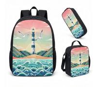 Whimsical Lighthouse Fantasy - Mochila de 17 pulgadas, juego de 3 piezas, mochila escolar con ballenas de noche estrellada para niños y niñas, velero, 05., L, Minimalista