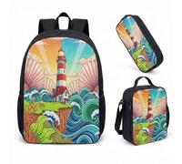 Whimsical Lighthouse Fantasy - Mochila de 17 pulgadas, juego de 3 piezas, mochila escolar con ballenas de noche estrellada para niños y niñas, velero, 02., L, Minimalista
