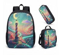 Whimsical Lighthouse Fantasy - Mochila de 17 pulgadas, juego de 3 piezas, mochila escolar con ballenas de noche estrellada para niños y niñas, velero, 06., L, Minimalista