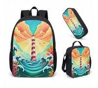 Whimsical Lighthouse Fantasy - Mochila de 17 pulgadas, juego de 3 piezas, mochila escolar con ballenas de noche estrellada para niños y niñas, velero, 03., L, Minimalista