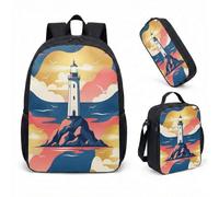 Whimsical Lighthouse Fantasy - Mochila de 17 pulgadas, juego de 3 piezas, mochila escolar con ballenas de noche estrellada para niños y niñas, velero, 07, L, Minimalista
