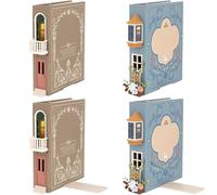 Whimsical Miniature House Bookends with Led Lighting, Handmade Decorative Accents For Bookshelves, Desk Organizer, Or Cozy Home Decor Gift Idea (Blue, 4SET)