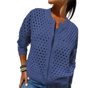 Whimsyard - Chaqueta tejida con cremallera y recortes para mujer, suéter tipo cárdigan con cierre de ganchillo, top de punto con aberturas para mujer, prenda exterior tejida de ganchillo (Azul, L)