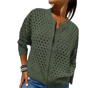 Whimsyard - Chaqueta tejida con cremallera y recortes para mujer, suéter tipo cárdigan con cierre de ganchillo, top de punto con aberturas para mujer, prenda exterior tejida de ganchillo (Verde