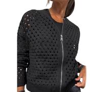 Whimsyard - Chaqueta tejida con cremallera y recortes para mujer, suéter tipo cárdigan con cierre de ganchillo, top de punto con aberturas para mujer, prenda exterior tejida de ganchillo (Negro, XL)