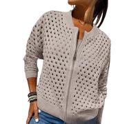Whimsyard - Chaqueta tejida con cremallera y recortes para mujer, suéter tipo cárdigan de ganchillo con cierre, top de punto con aberturas para mujer, prenda exterior tejida de ganchillo (Caqui, L)