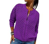 Whimsyard - Chaqueta tejida con cremallera y recortes para mujer, suéter tipo cárdigan de ganchillo con cierre, top de punto con aberturas para mujer, prenda exterior tejida de ganchillo (Morado, 3XL)