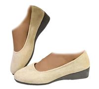 Whimsyard Elegantes zapatos de cuña de gamuza ligeros y antideslizantes con tacón bajo, cuñas bajas cerradas, puntera redonda, ortopédica, soporte de arco para caminar, para fascitis plantar (caqui,