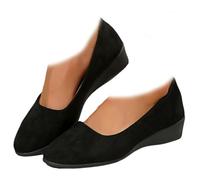 Whimsyard Elegantes zapatos de cuña de gamuza ligeros y antideslizantes con tacón bajo, cuñas bajas cerradas, puntera redonda, ortopédica, soporte de arco para caminar, para fascitis plantar (negro,