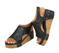 Whimsyard Sandalias ortopédicas de cuña de cuero para mujer,sandalias de plataforma de ancho amplio,sandalias de plataforma de verano con hebilla y tira de tobillo (Negro con lentejuelas,36)