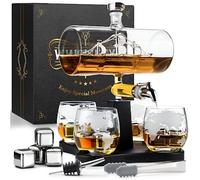 WHISISKEY Decantador de Whisky - Jarra de whisky - Decantador 1100ml - Set de Regalo de Whisky - Regalos Originales para Hombres - 4 Vasos de Whiskey x 285ML, 4 Piedras de Whisky, Accesorios