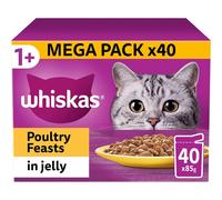Whiskas 1 plus Adult Poultry Selection in Jelly 40 Bolsitas, Comida húmeda para gatos adultos, Megapack (40 x 85 g)