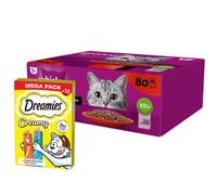 WHISKAS Adult sachets 80 x 85 g Classic Meals - comida húmeda para gatos adultos, en salsa (cortes con: ternera, pollo, cordero, ave) & DREAMIES Cremoso de pollo y salmón 12x10g