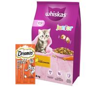 WHISKAS Alimento Seco para Gatitos Junior con Pollo 14kg + DREAMIES 30 g ¡GRATIS!