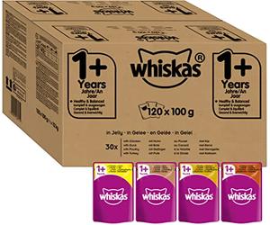 Whiskas - Bolsas de comida húmeda, deliciosa y sabrosa selección de aves en gelatina, adecuada para gatos de 1 a 1 años, mega paquete de 120 x 100 g